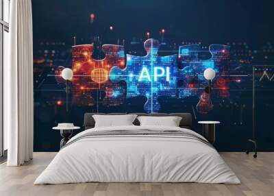 Digital representation of API integration concept with interlocking puzzle pieces against a futuristic tech-inspired abstract background, symbolizing connectivity and interoperability. Wall mural