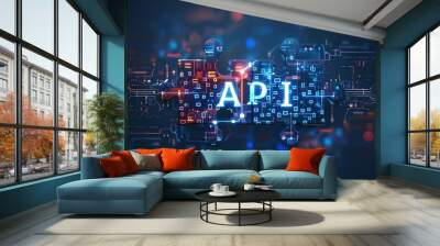 Digital representation of API integration concept with two interlocking puzzle pieces against a futuristic tech-inspired abstract background, symbolizing connectivity and interoperability. Wall mural