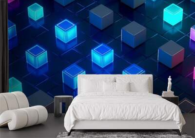 Digital transformation concept showcasing an isometric glowing 3D cubes pattern, highlighting innovation, connectivity, and futuristic technology in a rapidly evolving digital landscape. Generative AI Wall mural