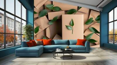 Engaging overhead shot of recycled cardboard boxes arranged neatly, signifying the eco zero waste concept. Copy space for versatile uses, fostering an environment friendly mindset. Generative AI Wall mural