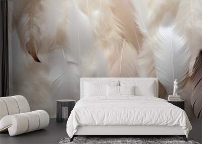 Feathers background with beige colors blend and aesthetic soft style. Fragile and sensitive elements from nature. Neutral pastel design. Beautiful wallpaper with natural texture. Purity and beauty. Wall mural