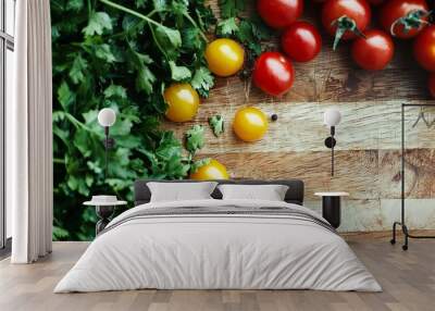 Fresh tomatoes and cilantro on a wooden cutting board, symbolizing healthy eating and organic cooking. Wall mural