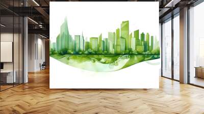 Green city illustration showcasing a harmonious blend of urban architecture and lush greenery. This image represents a sustainable future where cities and nature coexist in balance. Generative AI Wall mural