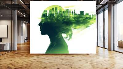 Green thinking concept, female head silhouette. Inside the silhouette are urban buildings, symbolizing the incorporation of sustainability in urban planning and design. Generative AI Wall mural