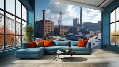 Industrial complex with smokestacks and brick buildings, symbolizing manufacturing and urban development. Wall mural