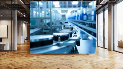 Industrial conveyor belt in a factory setting, moving products or raw materials during the manufacturing process. Wall mural