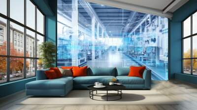 Industry 4.0 smart factory interior showcases advanced automation, machinery, and robotics in a futuristic industrial setting. Innovation, engineering, and interconnected systems. Generative AI Wall mural