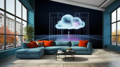 Innovative cloud management concept, abstract cloud within a transparent glass box, signifying modern server and storage solutions, shaping the future of technology and data management. Generative AI Wall mural