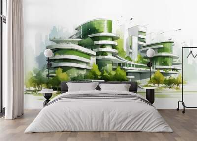 Modern eco-friendly building with green roofs and lush vegetation, showcasing sustainable architectural design. Wall mural