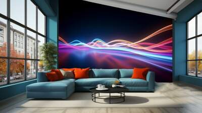 Optical data concept depicted by abstract glowing lines on a dark background. The high speed, vast capacity data transmission enabled by optical fiber technology in today's digital age. Generative AI Wall mural