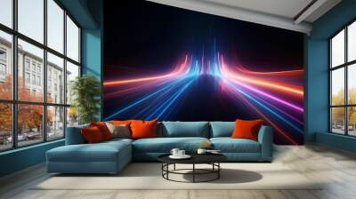 Optical data concept depicted by abstract glowing lines on a dark background. The high speed, vast capacity data transmission enabled by optical fiber technology in today's digital age. Generative AI Wall mural