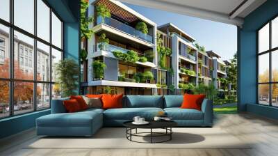 Residential complex featuring energy-efficient multifamily homes adorned with verdant green balconies, rooftop gardens, and integrated solar panel systems, exemplifying sustainable urban living. Wall mural