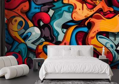 Seamless background featuring a colorful abstract graffiti art pattern, with a mix of spray paint splatters, street style doodles, and urban artistic expressions. Wall mural