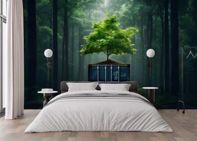 Single tree with lush green leaves sprouting from an open sea cargo container, symbolizing ecofriendly and sustainable shipping practices. Wall mural