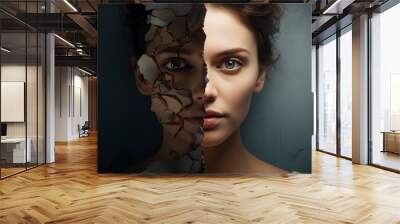 Split personality with two faces. Bipolar disorder as woman with rapid emotions, mood and feelings change. Psychological problems, like schizophrenia, depression and anxiety. Wall mural