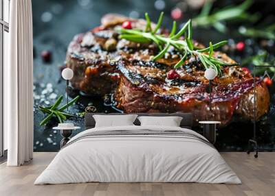 Succulent grilled beef steak with perfect sear marks, served on a rustic plate against a dark, elegant backdrop, exuding a luxurious and gourmet dining experience. Wall mural