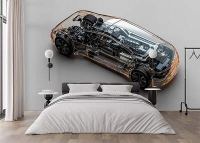 Transparent car model showing internal components, symbolizing automotive technology and innovation. Wall mural