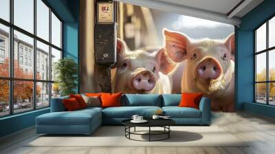 Two pigs in a barn with an automated feeding system, illustrating modern livestock management and automation. Wall mural