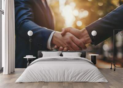 Two professional businessmen in suits engaging in a firm handshake over a sleek office desk, symbolizing a successful deal and partnership in a corporate environment. Wall mural