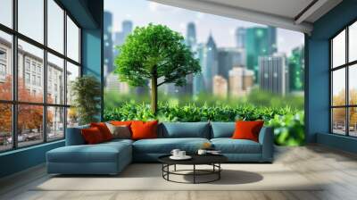 View of a modern city integrating green spaces, parks, and sustainable urban planning for an eco-friendly environment. Wall mural