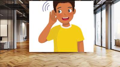 Young African man putting hand near ear listen to news gossip Wall mural