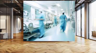 Long exposure blurred motion of medical doctors and nurses in a hospital ward wearing blue aprons, walking down a corridor - Generative AI Wall mural