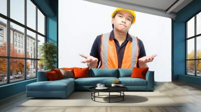 Asian male construction worker in hardhat and orange vest looks sad with crying gesture. stressed overworked concept. workers' insurance concept. Wall mural