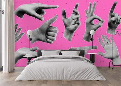 A big set of hands. Trendy halftone style for collages. Modern vector illustration. Wall mural