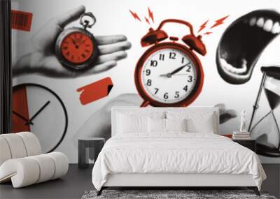 Elements of halftone collage. Concept of business, time management. Laptop, eyes, hand with pen, clock, newspaper, mouth and other. Modern vector illustration. Wall mural