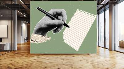 Halftone hand writes on notebook sheet. Trendy retro style. The concept of writing goals and plans. Wall mural