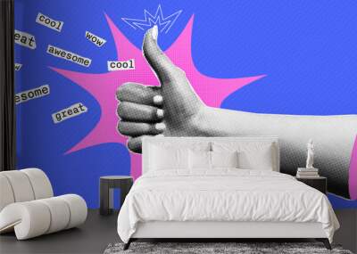 Halftone retro pop collage with thumbs up gesture. Words of approval and praise cut out of a magazine. Cool, wow, awesome, great. Vector contemporary design.  Wall mural