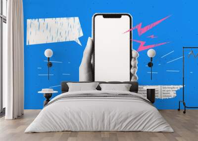 Hand holding a phone. Modern blue background with texture. Trendy retro style. Halftone collage and doodle of lightning.  Wall mural