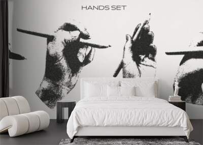 Hands hold pen. Retro photocopy effect. Trendy y2k elements for design. Grain effect and stippling. Vector dots texture. Wall mural