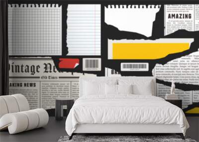 Torn newspaper and paper. Notebook sheets, barcode, stickers. Trendy retro style elements for collages. Vector. Wall mural