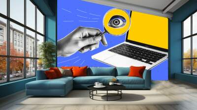 Trendy halftone collage with a laptop and a hand that holds a magnifying glass. Wall mural