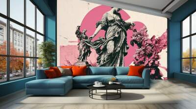 Trendy psychedelic paper collage with Greek statue and vintage clippings from old newspapers and magazines. AI generation. Wall mural