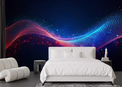 The image is a deep blue background with red and blue waves made of dots. The waves are vibrant and dynamic, creating a sense of movement and energy. The background is dark, allowing the colors. Wall mural