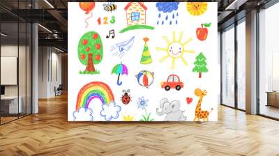 Collection of cute childrens drawings of house, toys, animals, nature, objects Wall mural