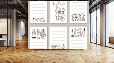 page template set for notes or cooking recipe cards with hand drawn doodle food and kitchen design e Wall mural