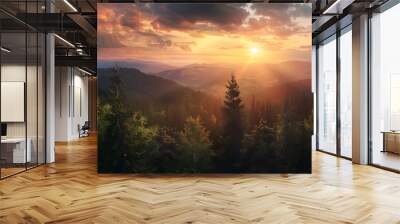 Sunset over the mountains with a mountain range in the background, Sunset in the mountains wallpaper Wall mural