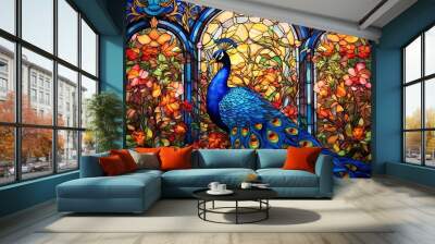 A peacock looks to the left shaped like a stained glass church window, colourful (Generative AI, Generativ, KI) Wall mural