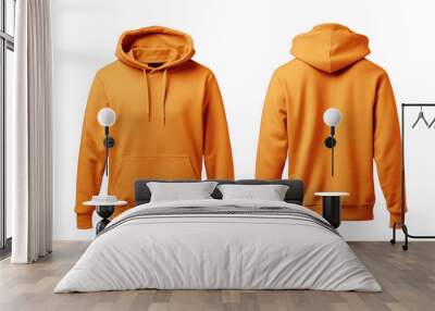 Blank orange hoodie in front and back view, mockup, white background, generative ai Wall mural