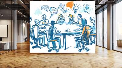 Discussing business people sitting at a round table at the meeting, sketch with blue and orange pen on white background Wall mural