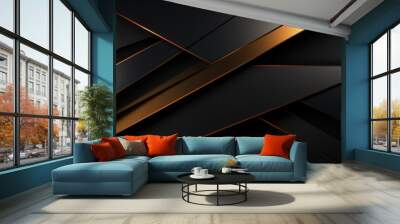 Golden and black abstract modern background with diagonal lines or stripes and a 3d effect. Metallic sheen. Wall mural