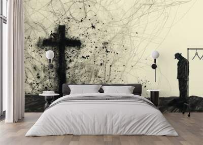 Silhouette of a man next to a cross, hope in faith during a depression, black charcoal drawing Wall mural