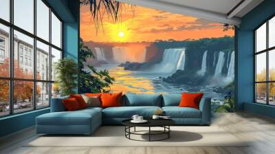 Beautiful scenic view of Iguazu Falls in brazil during sunrise in landscape comic style. Wall mural