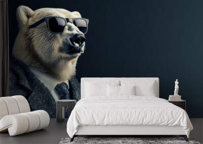 Cool looking polar bear wearing sunglasses, suit and tie isolated on dark background. Copy space for text on the side. Wall mural