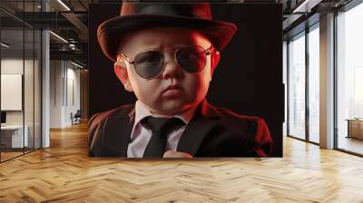 Funny cute baby in mafia gangster costume. Baby wearing hat and suit isolated on dark background. Wall mural