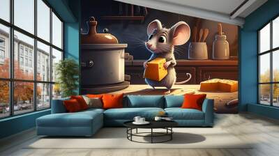 Rat holding cheese ,stands on kitchen's table. Mouse in cartoon art style. Digital illustration generative AI. Wall mural