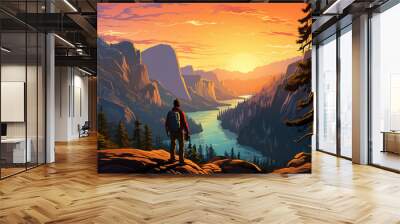 Scenic view of Yosemite national park during sunrise or sunset with a silhouette of trekker or tourist or man, in landscape comic style.  Wall mural